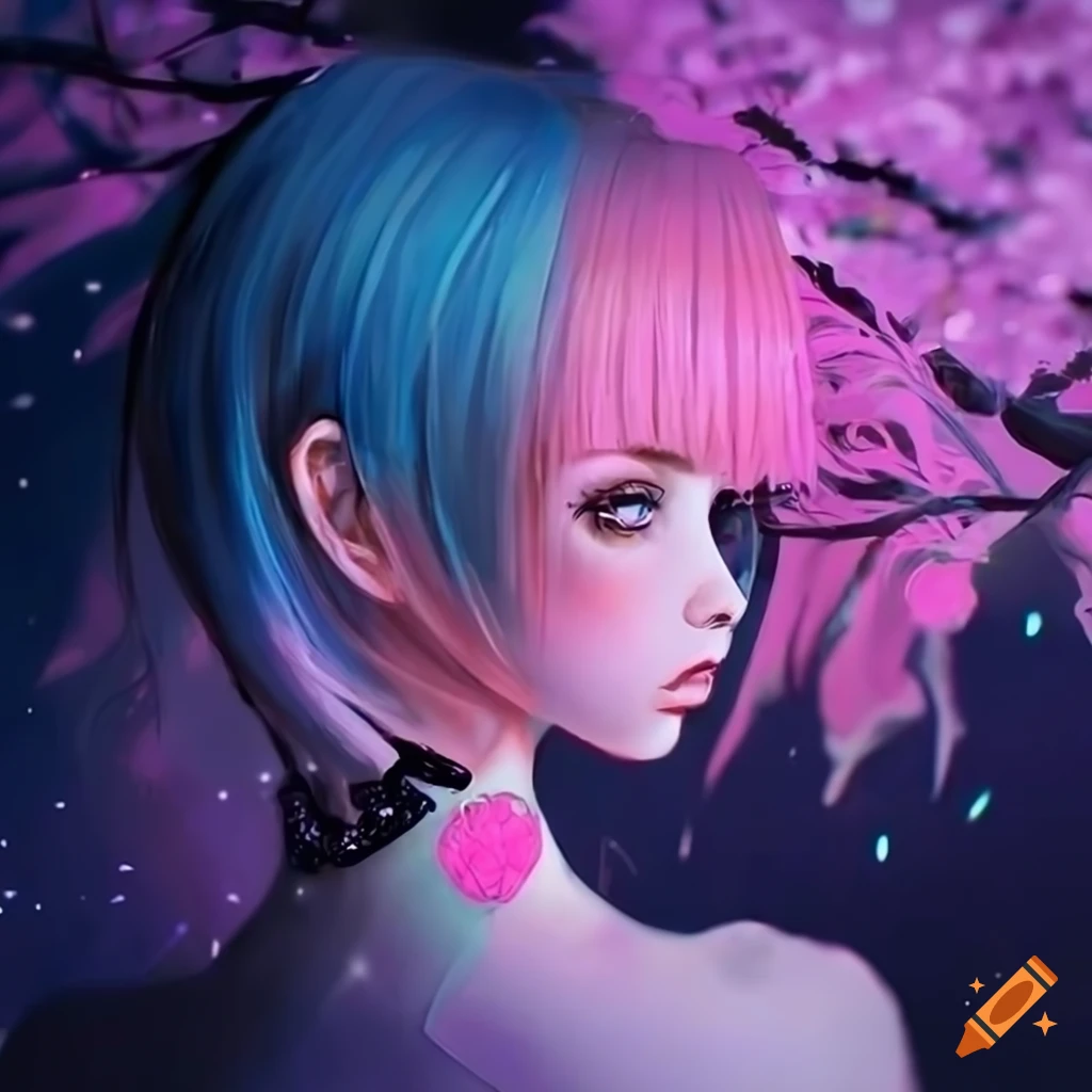 Realistic cyberpunk artwork of a girl with pastel hair and tattoos