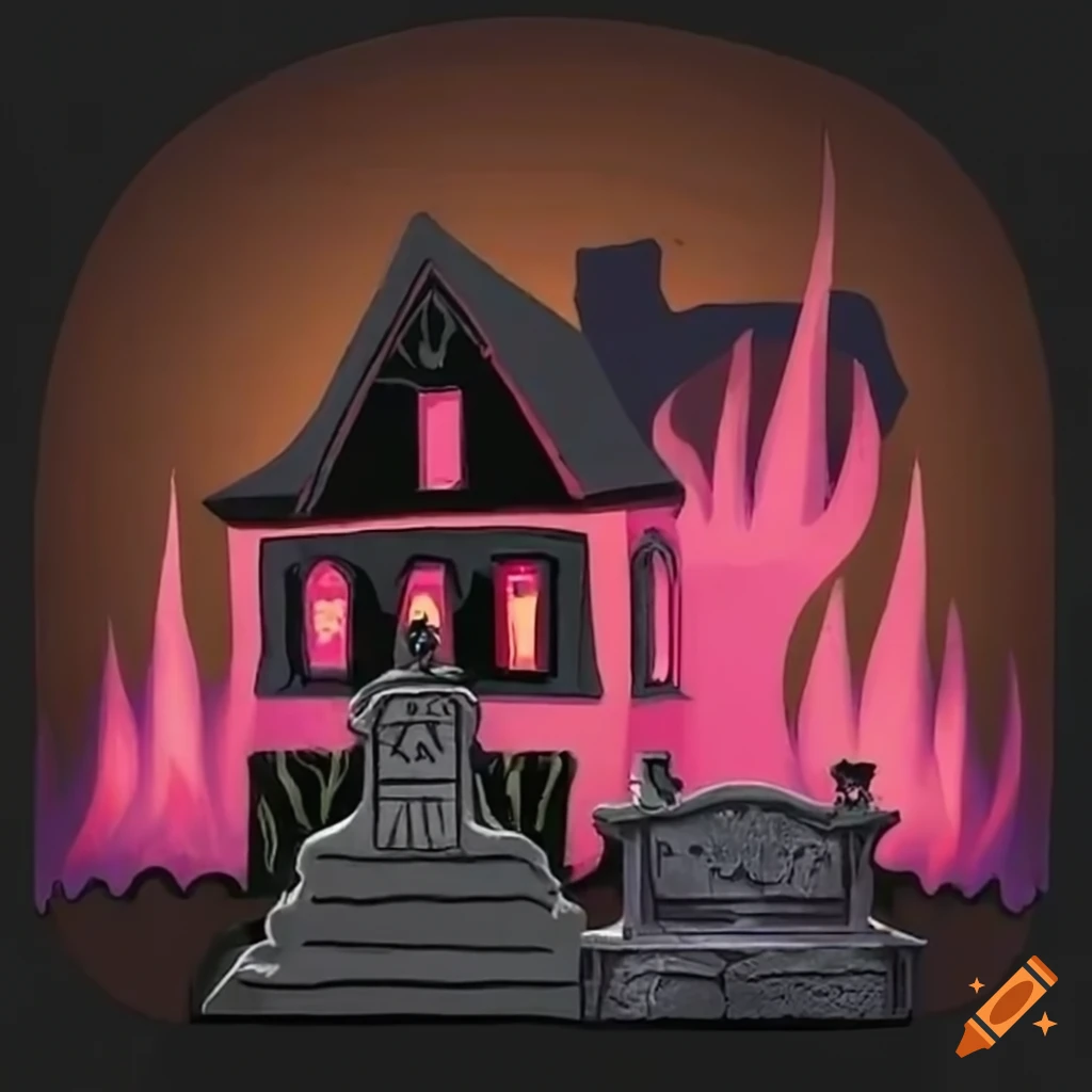 haunted house engulfed in pink flames
