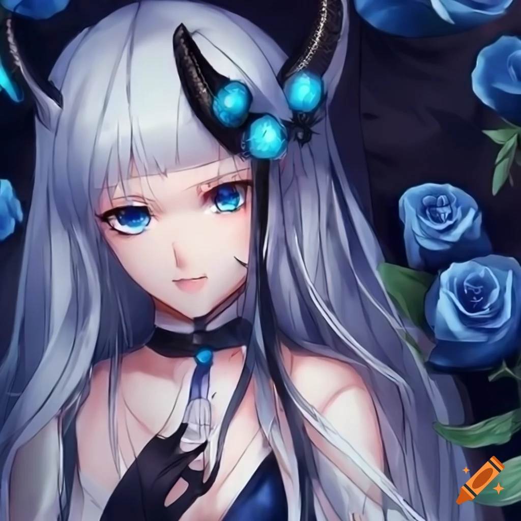 Anime queen with long white hair, blue eyes and tanned skin