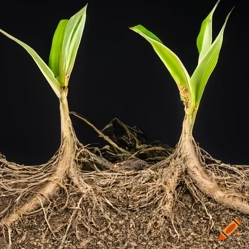 cross-section of corn plants emerging from sandy soil