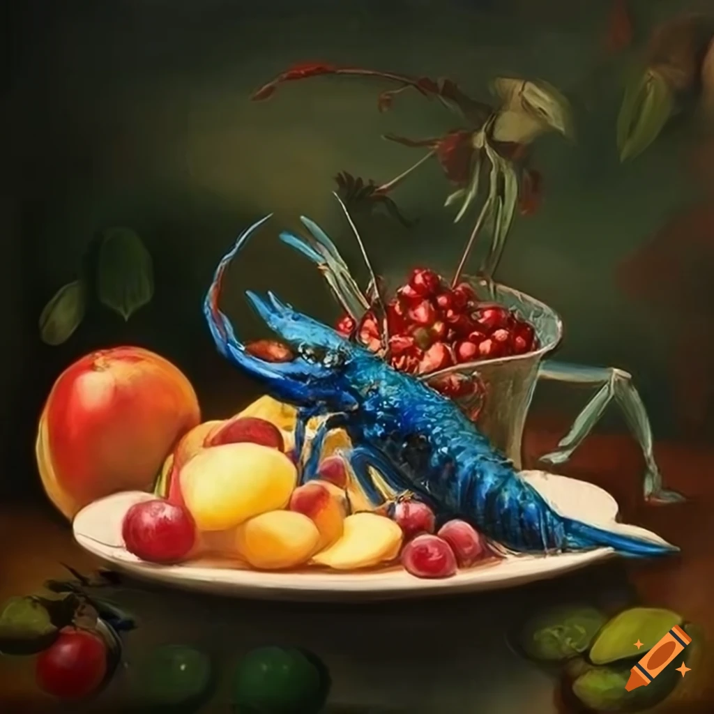 oil painting of a blue lobster and fruits in the wild