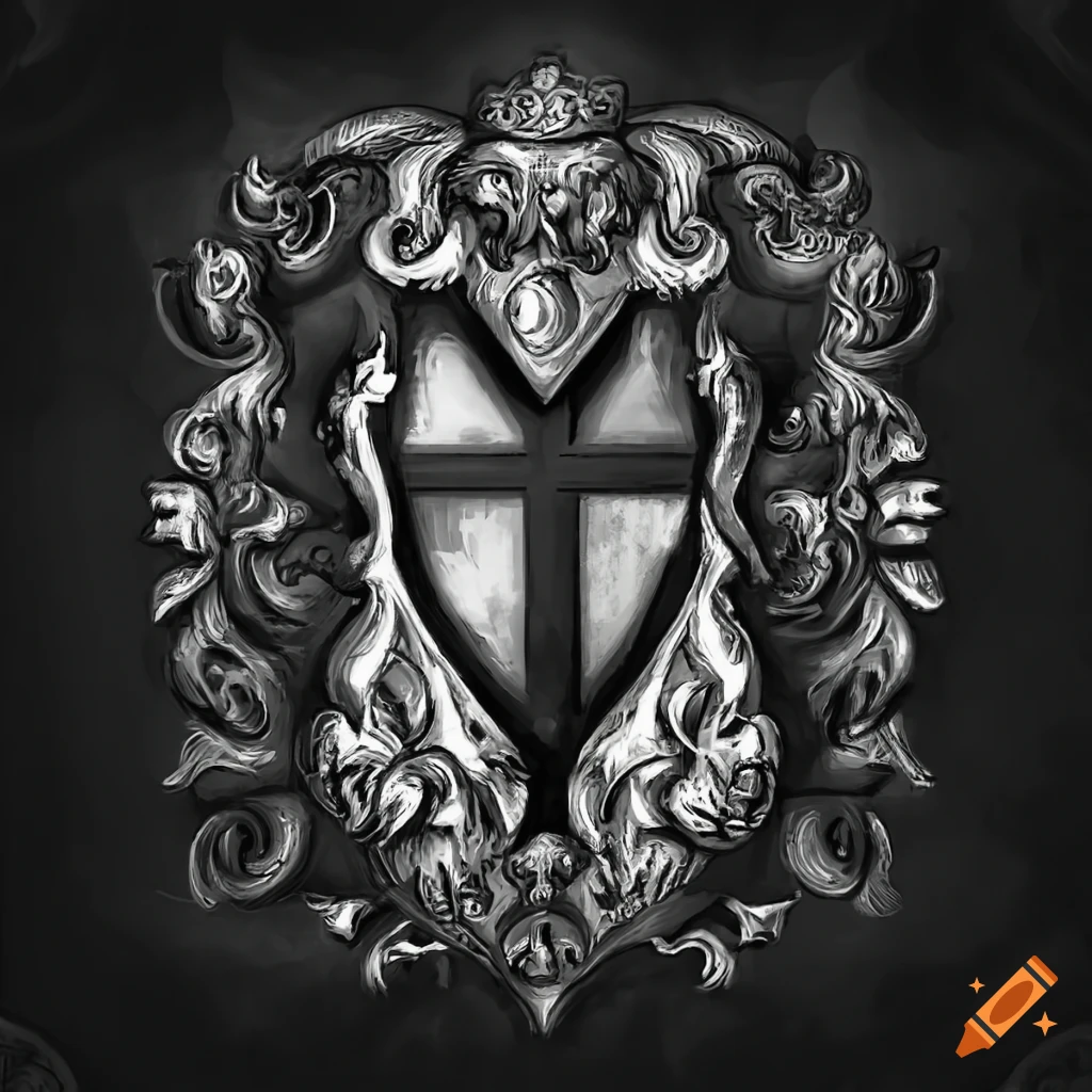 black and white coat of arms with runes and letters E and H