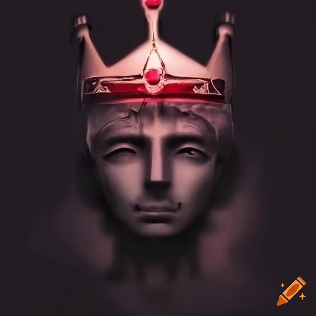 enigmatic figure with a regal crown in a shadowy atmosphere