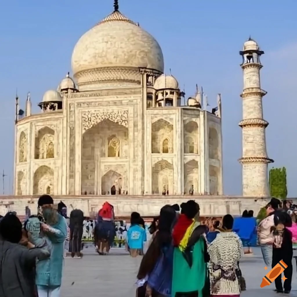 Taj Mahal with tourists and crowd