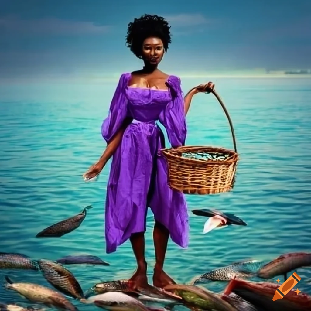 woman with fish basket at the river bank
