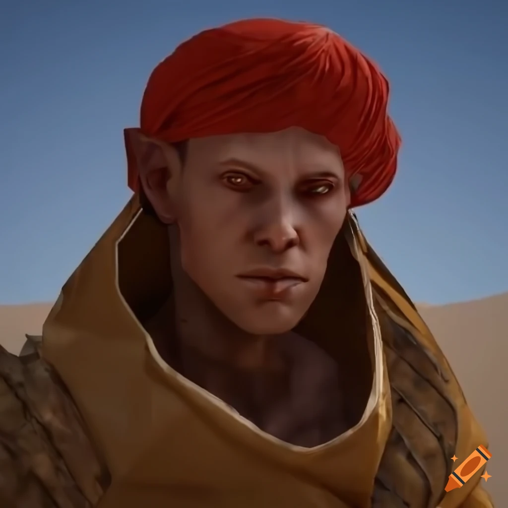 Render of a redhaired elf warrior in a desert on Craiyon