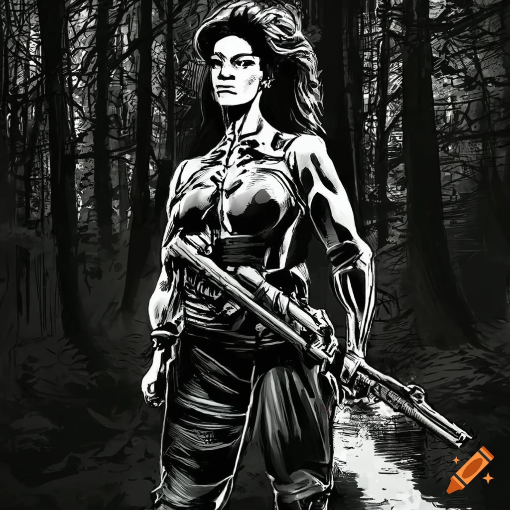 Comic book art of a French female resistance fighter in a forest on Craiyon