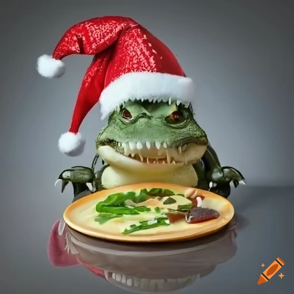 crocodile wearing Santa hat eating Raclette cheese