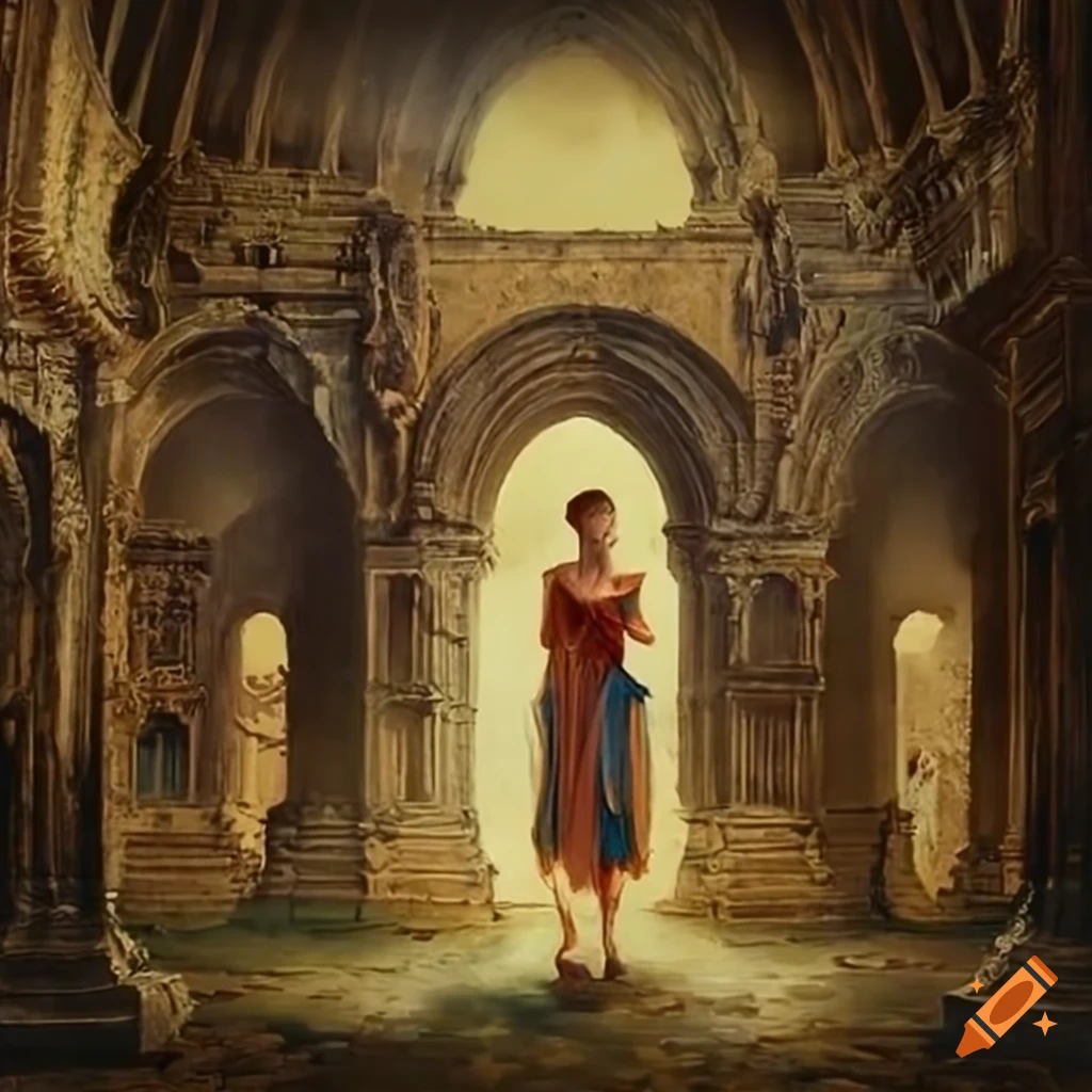 surreal painting of a woman among temple ruins