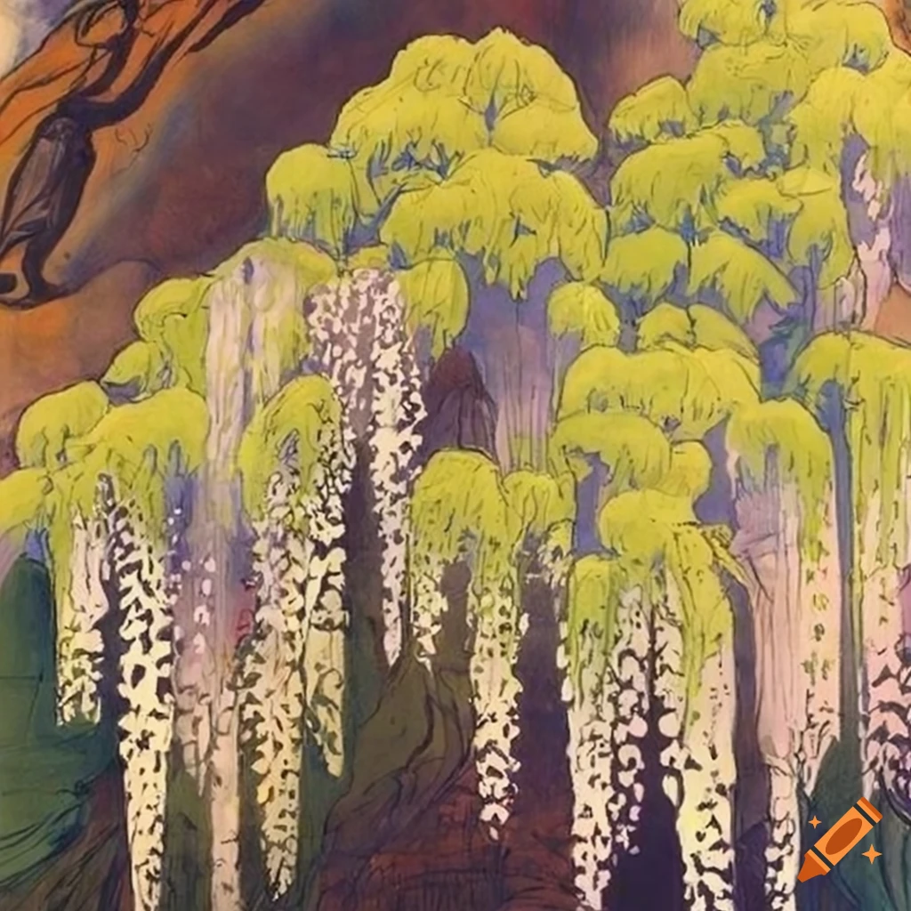 garden with weeping willows, white wisteria, and hydrangeas during golden hour