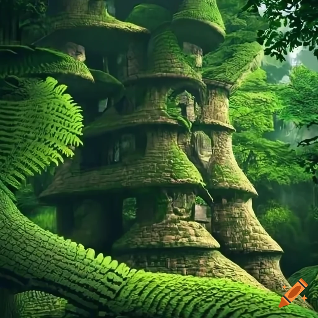 Medieval towers and walls surrounded by giant ferns on Craiyon