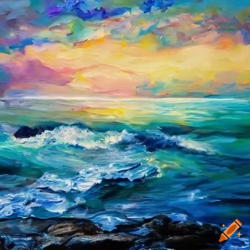 impressionist painting of ocean waves crashing onto rocky shore