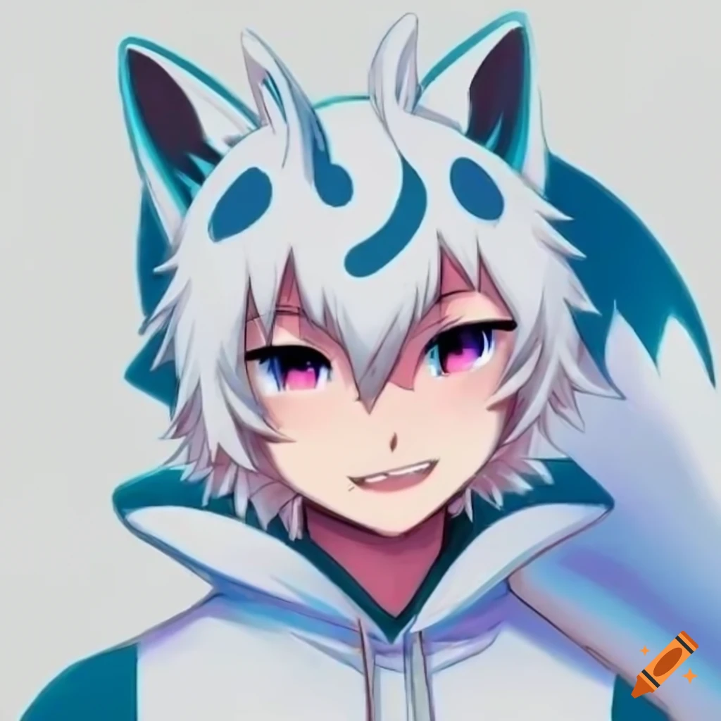 Digital art of a white kitsune with blue accents