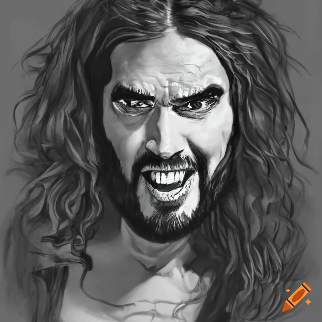 Black and white drawing of russell brand with an evil smile on Craiyon