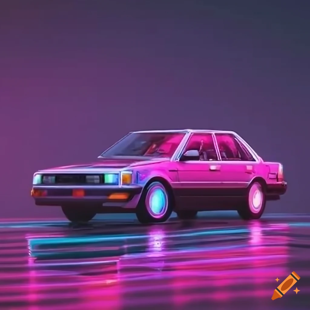 neon lit synthwave scene with a 1980s Toyota Camry