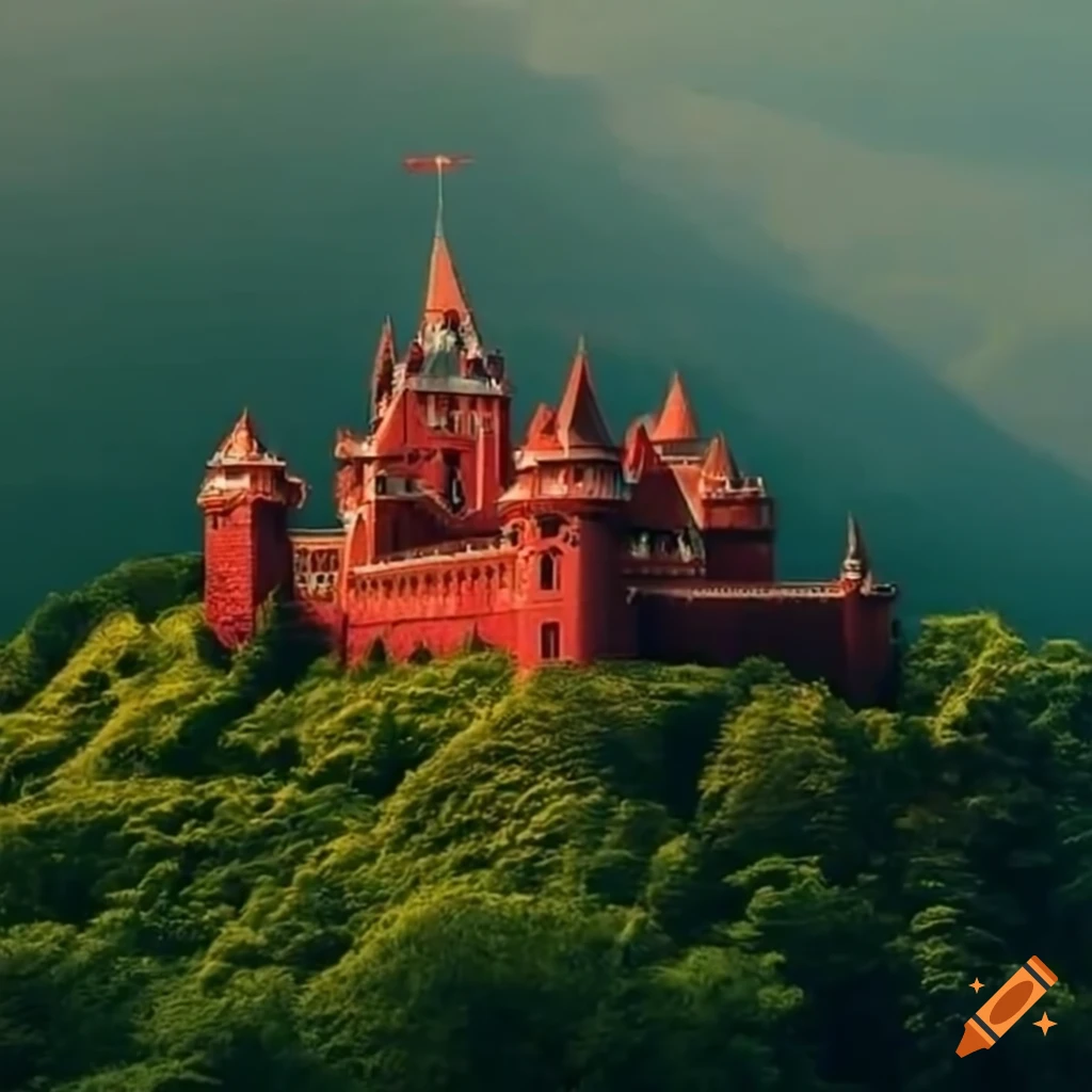 Image of a red castle in a lush green park