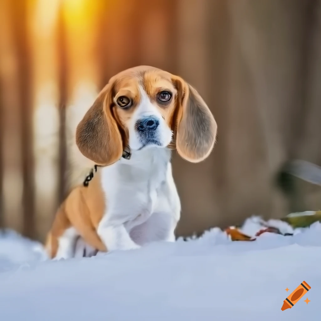 artistic depiction of a cute Beagle in a snowy forest