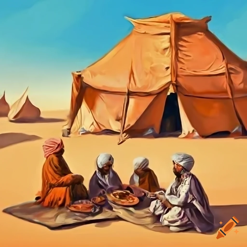 Digital oil painting of bedouins eating in the desert on Craiyon