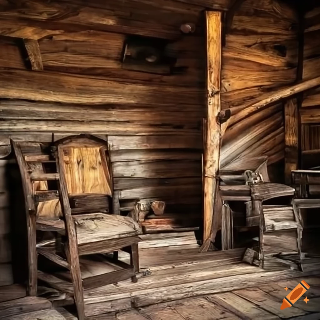 Rustic furniture in an old wooden cabin