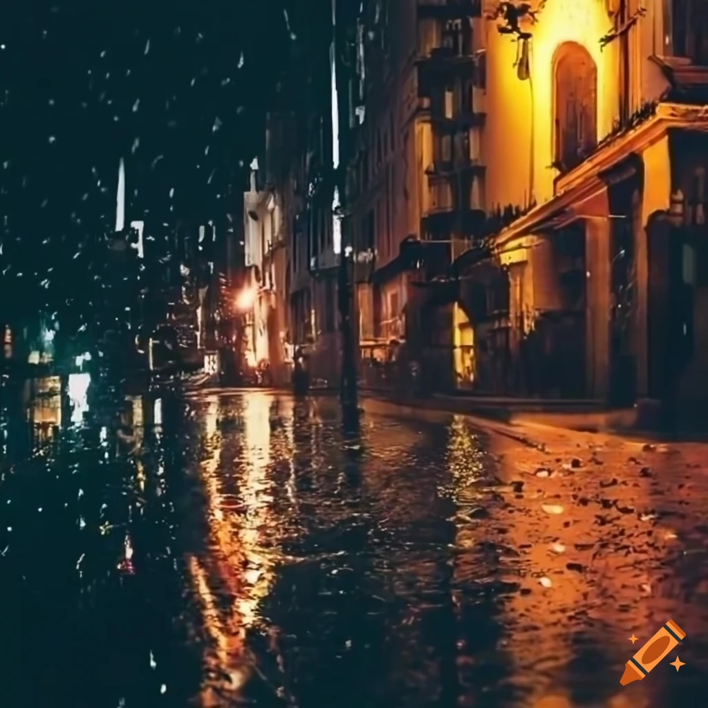 view of a rainy street in an overgrown city
