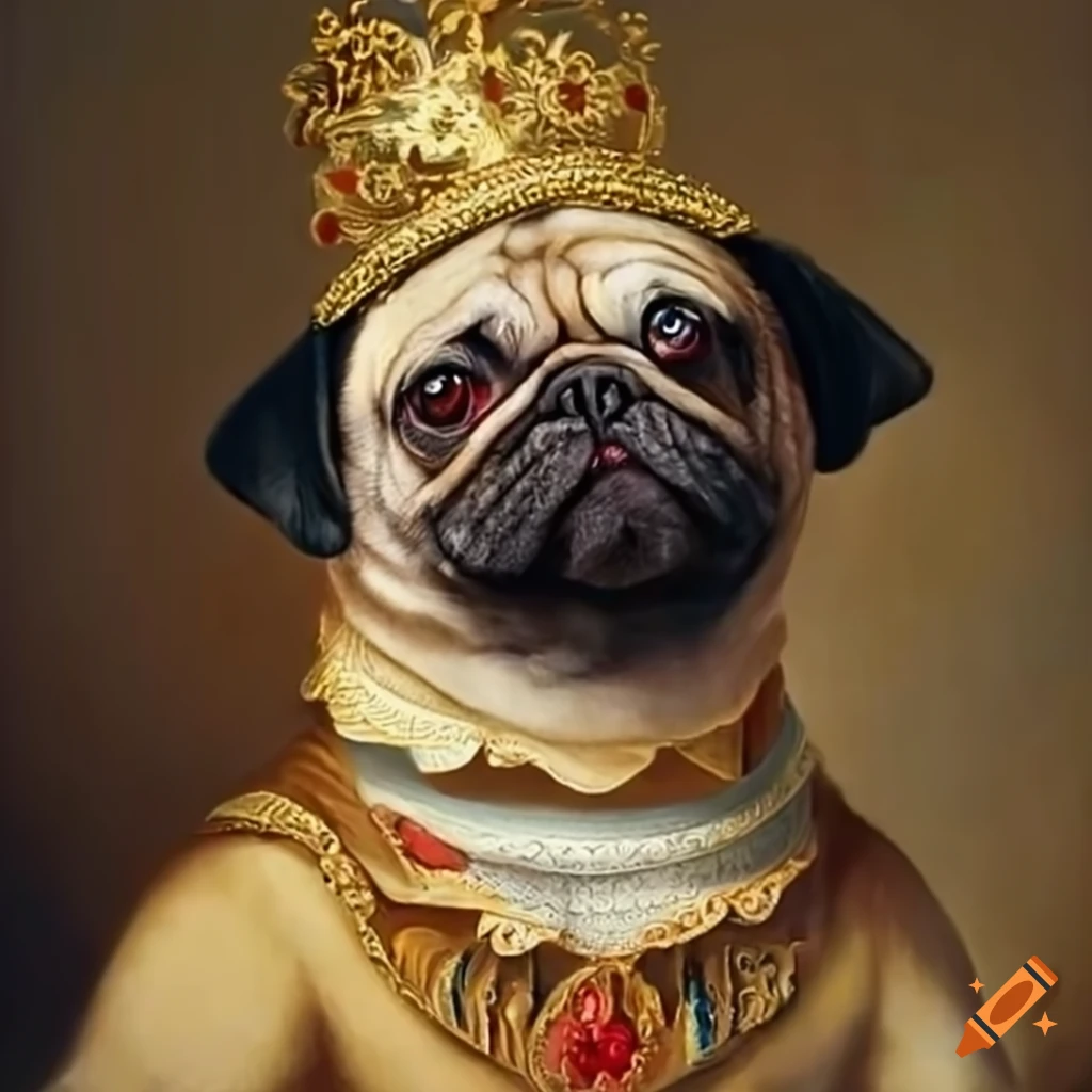 classical painting of a pug dressed like royalty