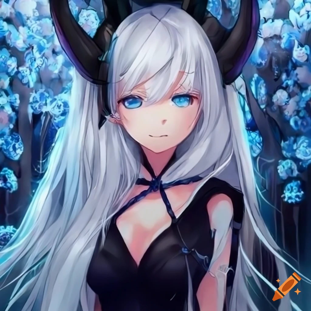 Close-up of an anime girl with white hair and blue eyes