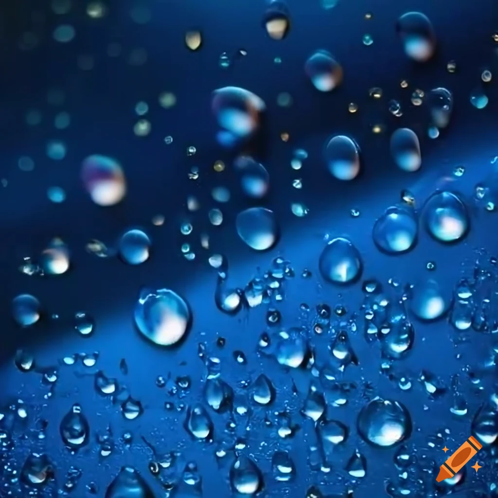 Vibrant blue backdrop with glistening water droplets