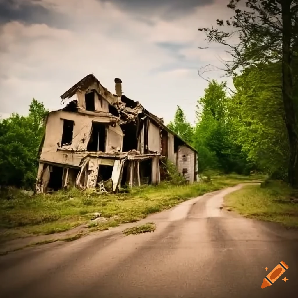 image of a destroyed house on a country road