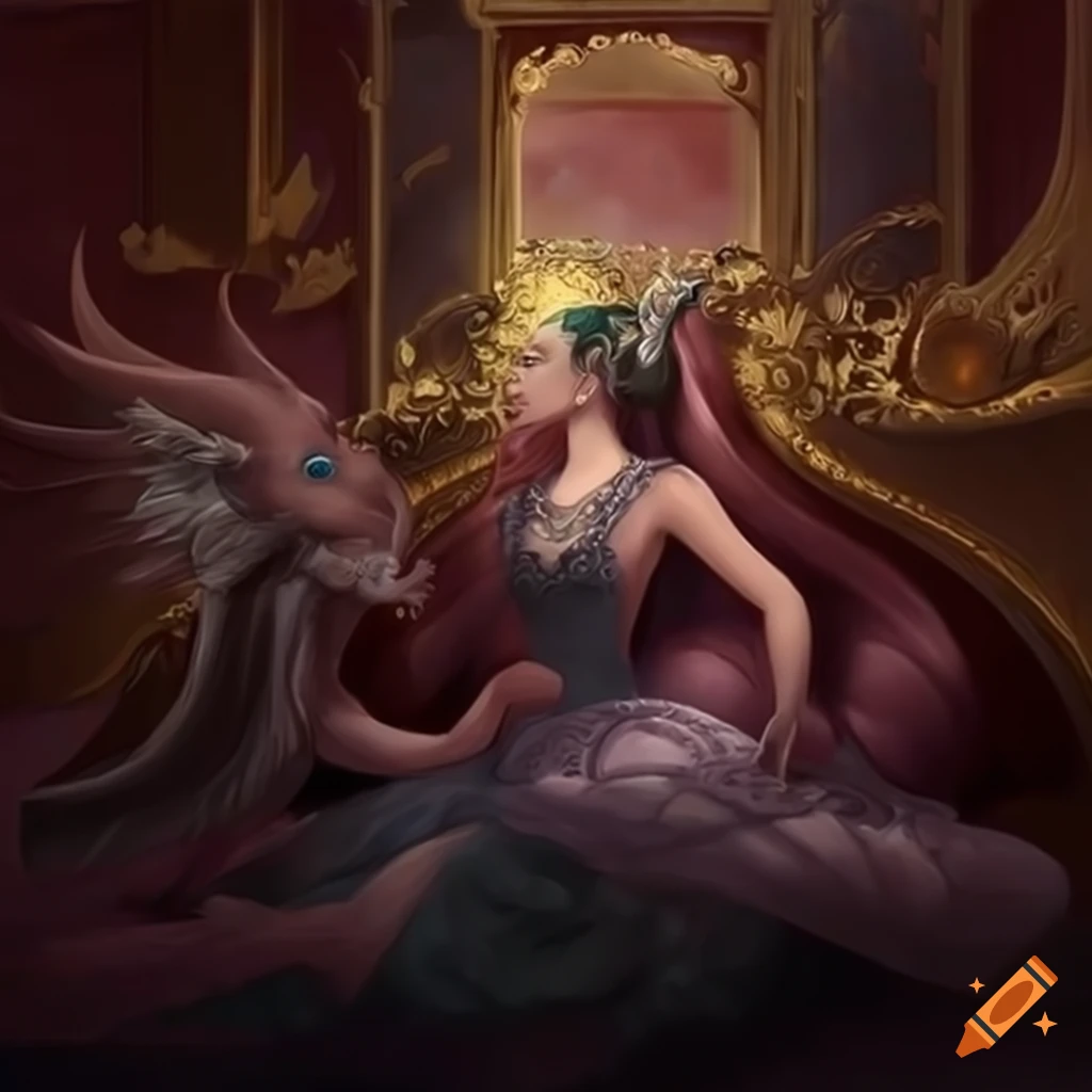 fantasy art of a princess and mythical creature in a lavish room