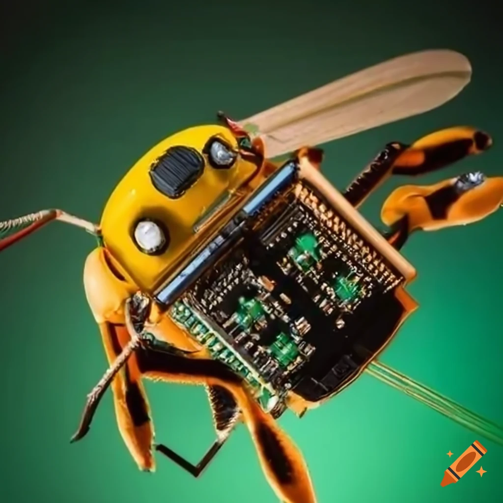 Closeup of a robotic bee on a circuit board