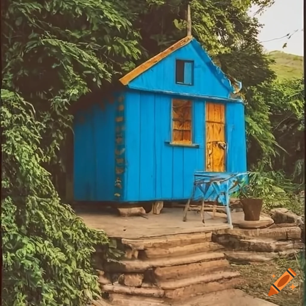 exterior view of a vibrant blue reggae hut