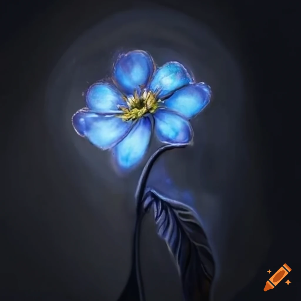 glowing blue mutisia flower under glass