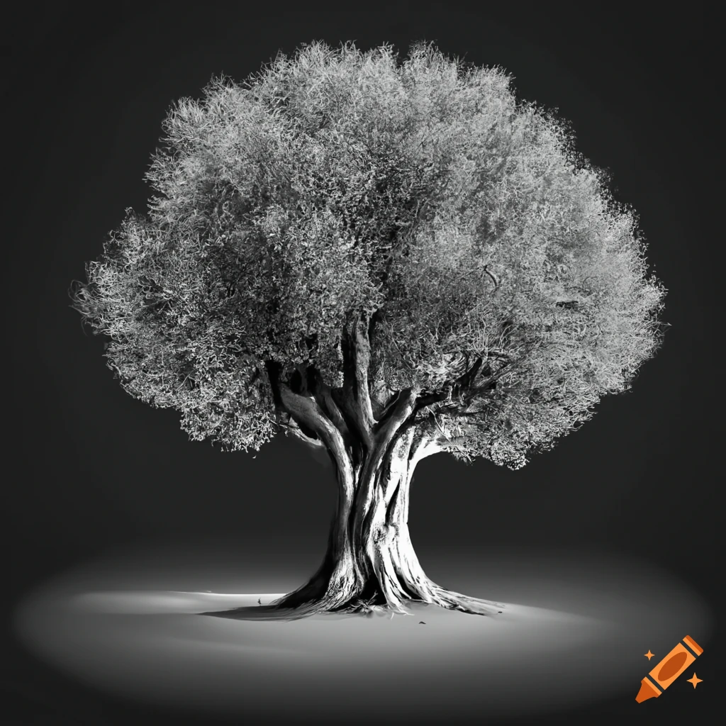 black and white photo of a realistic olive tree
