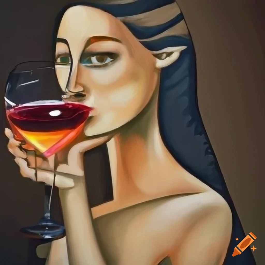 Cubist painting of a woman drinking wine on Craiyon