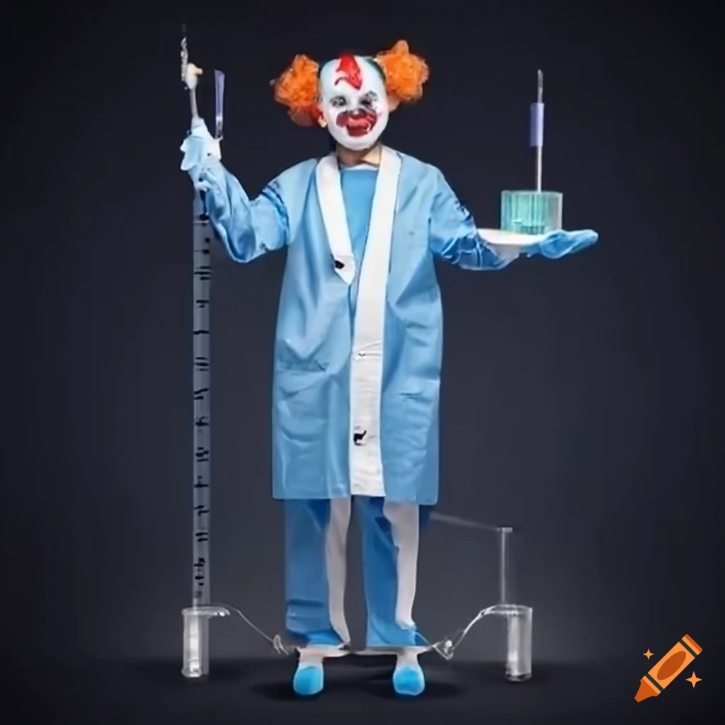 satirical image of a clown scientist experimenting in a chemistry lab