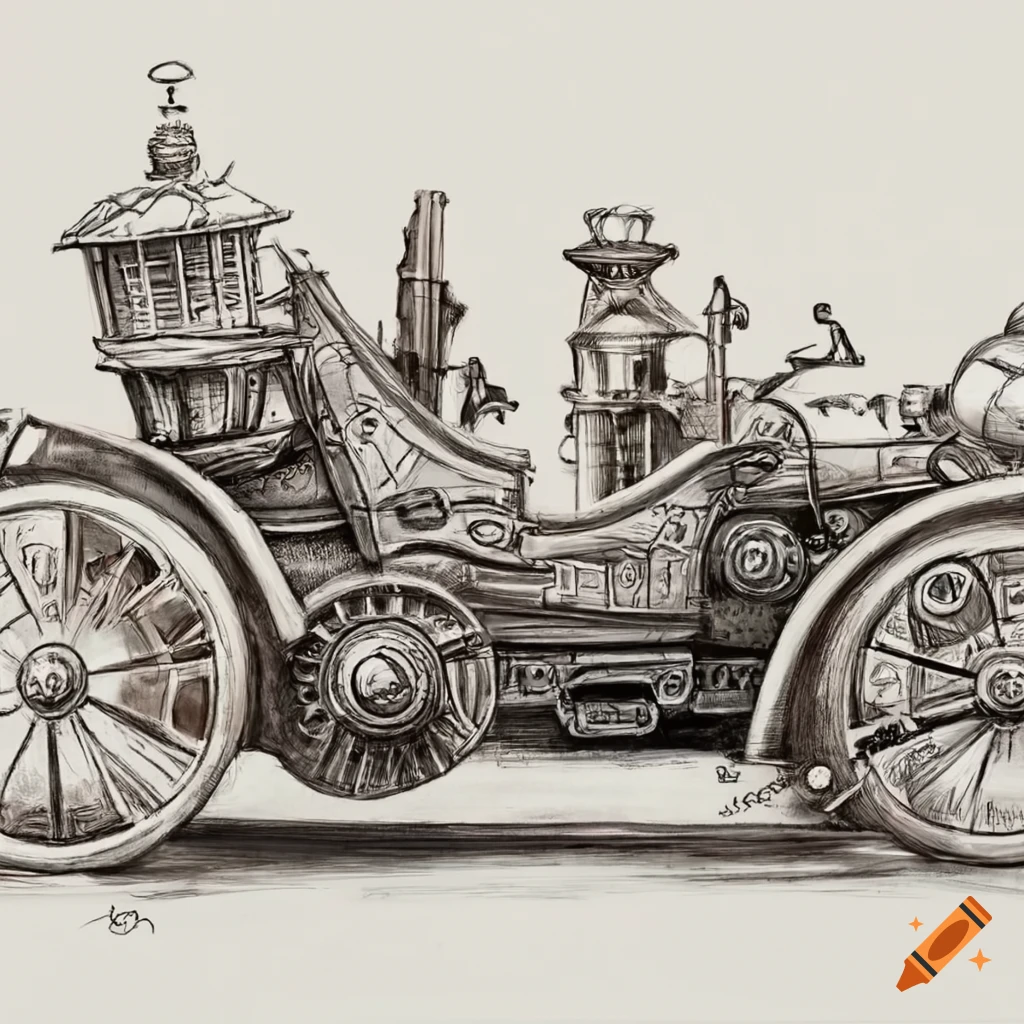 pencil sketch of vintage steampunk vehicles