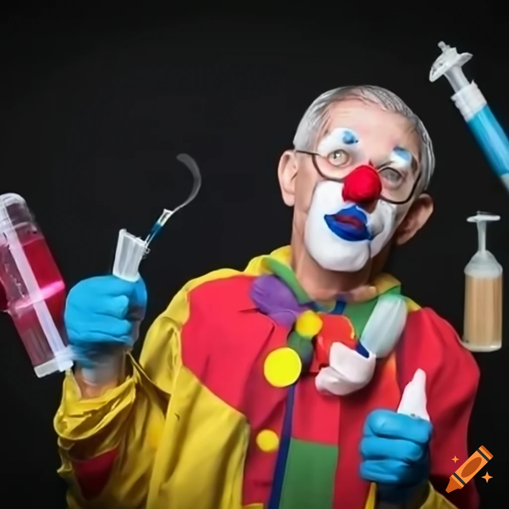 satirical image of a clown scientist in a chemistry laboratory