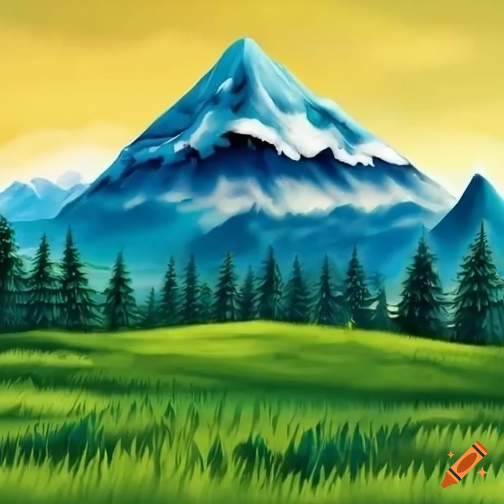 Bob ross style painting of grassland, forest, and mountains