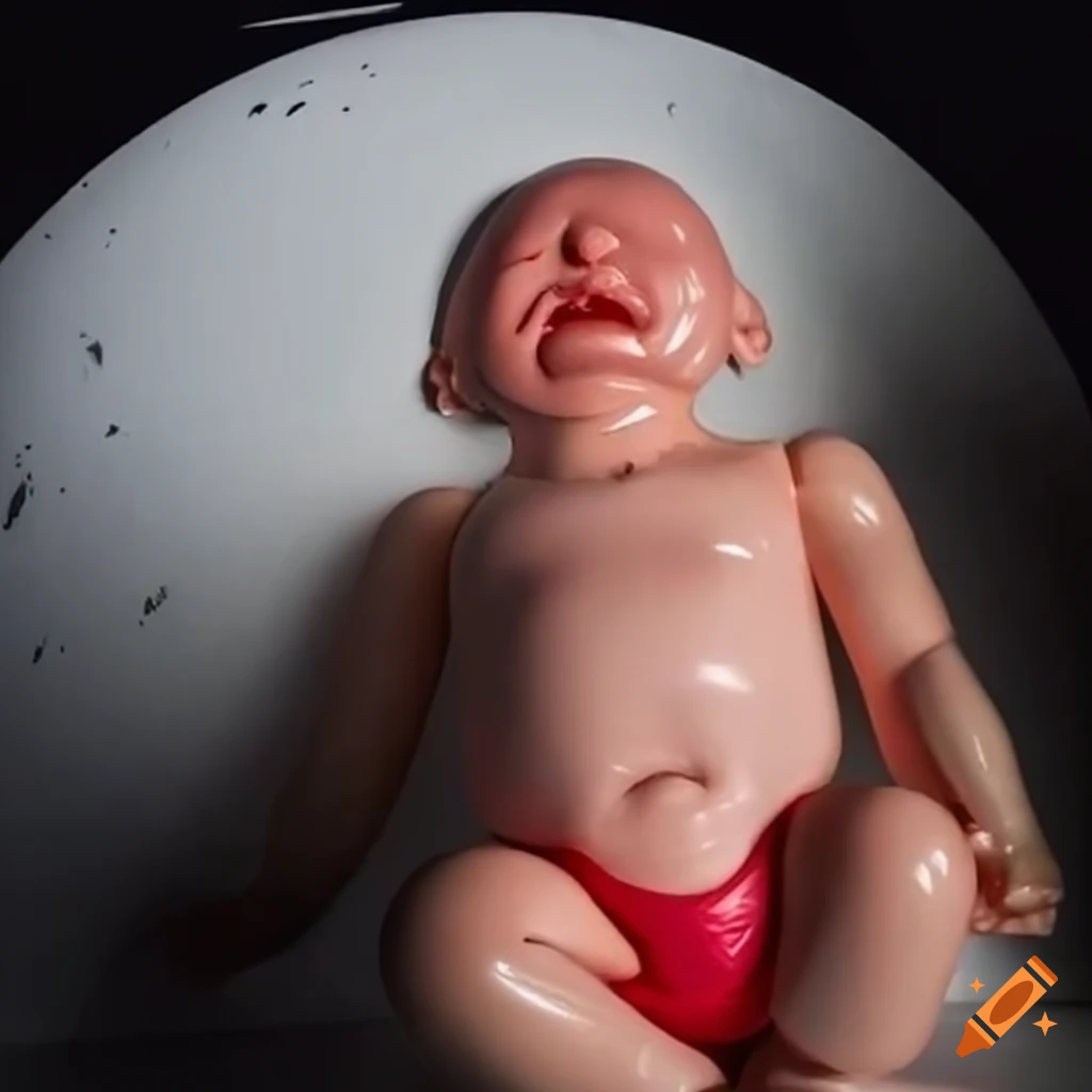 art installation of a crying giant plastic baby