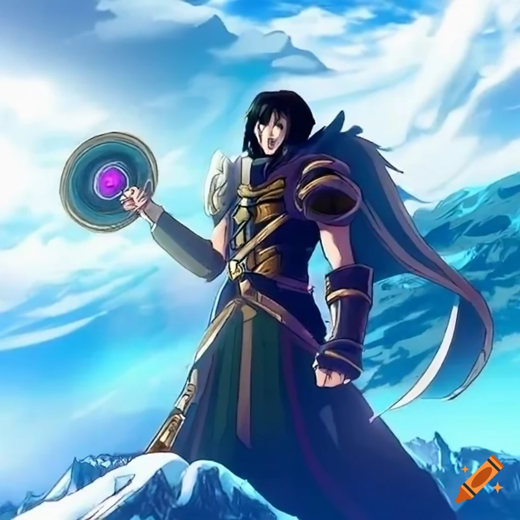 image of a young man with black hair standing on snowy mountain with a Dueling disk