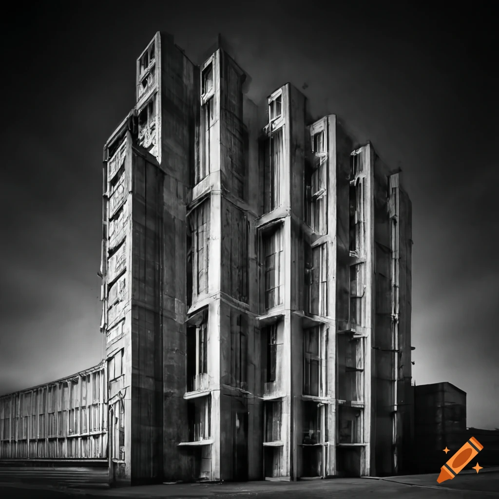 Suspended parts of a large brutalist building on craiyon