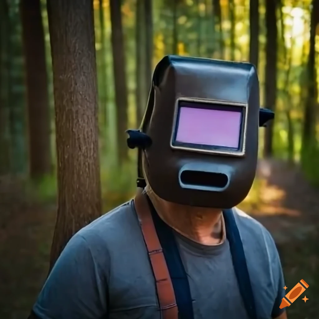 man with a welding mask in the woods