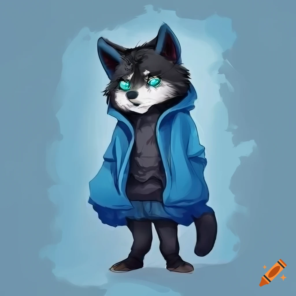 Anthropomorphic wolf wearing a hoodie