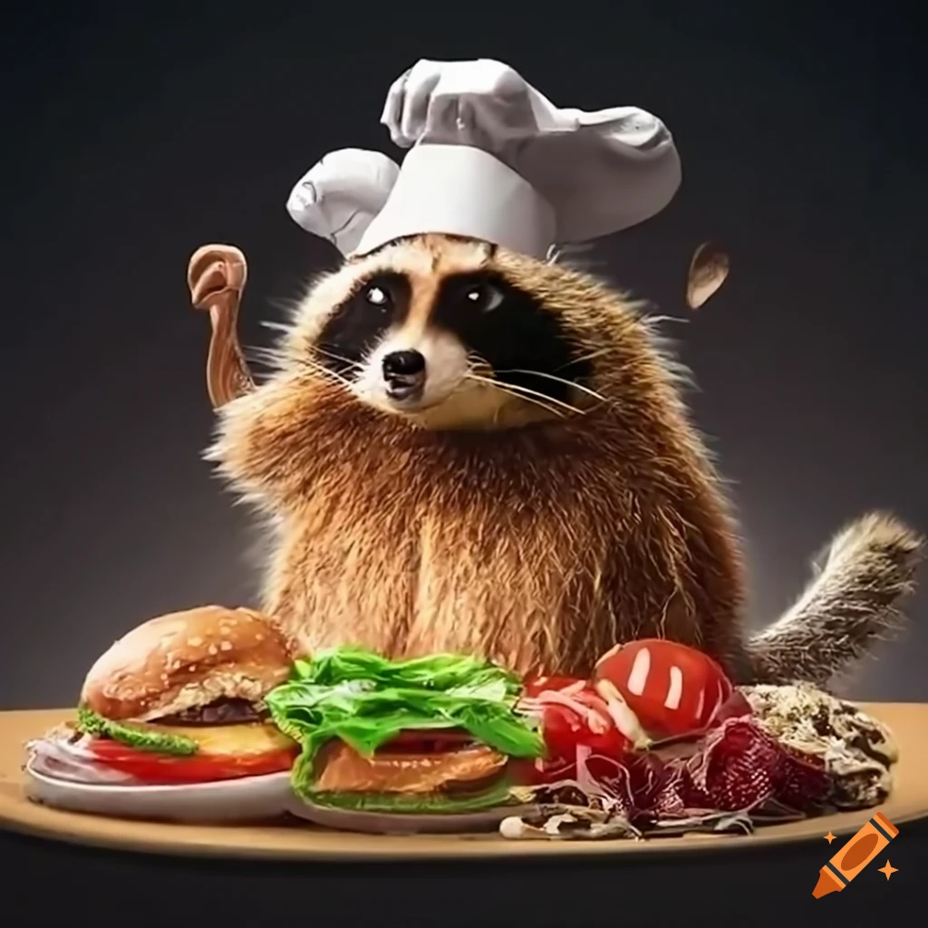 Funny raccoon chef cooking burgers on a grill on Craiyon