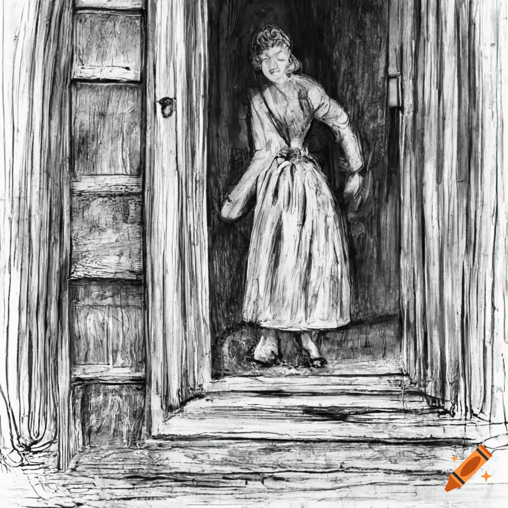 nostalgic woman standing at the door of old farmhouse