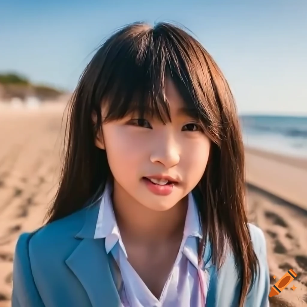 Japanese girl in a summer school uniform on the beach on Craiyon