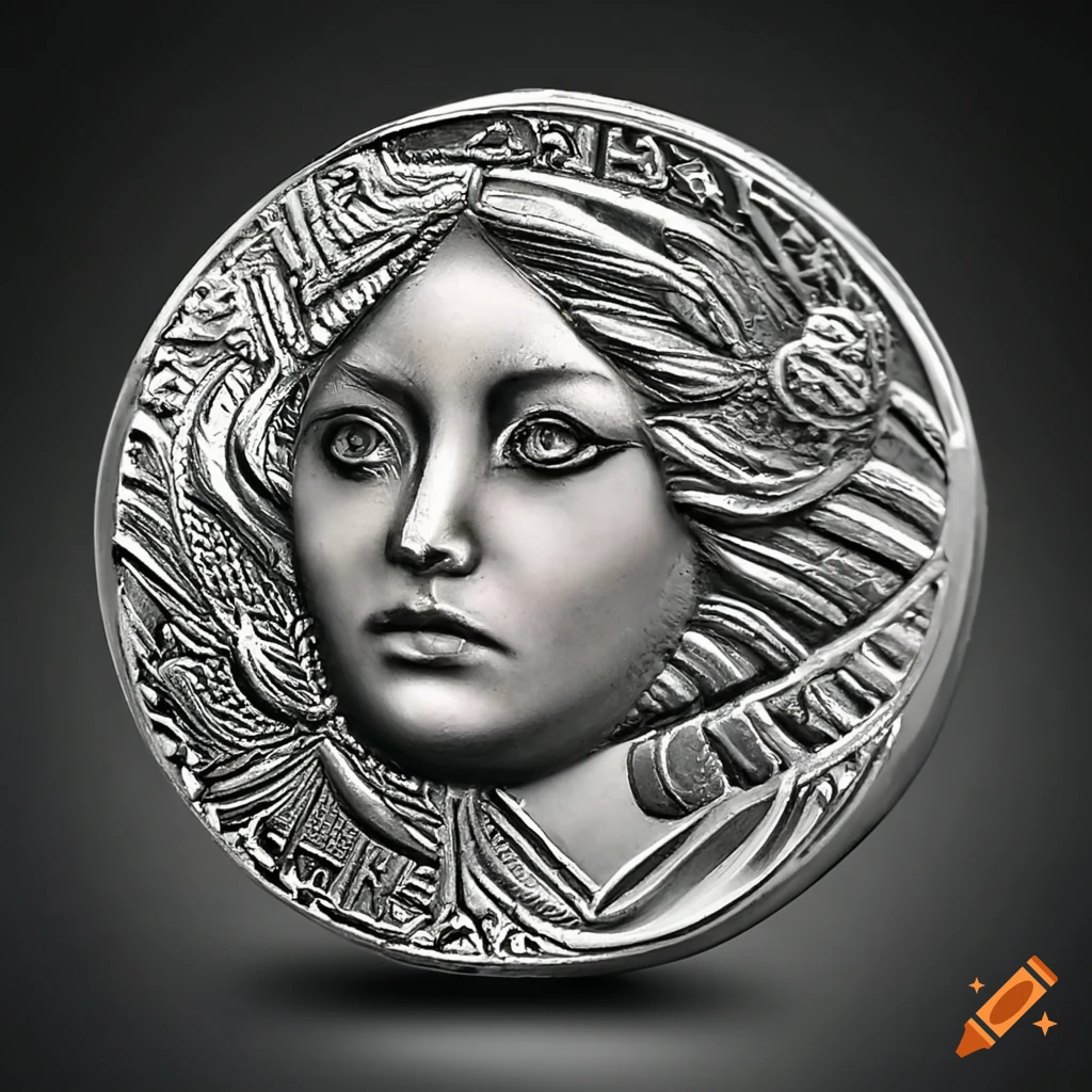 Platinum coin with an engraved angelic face on Craiyon
