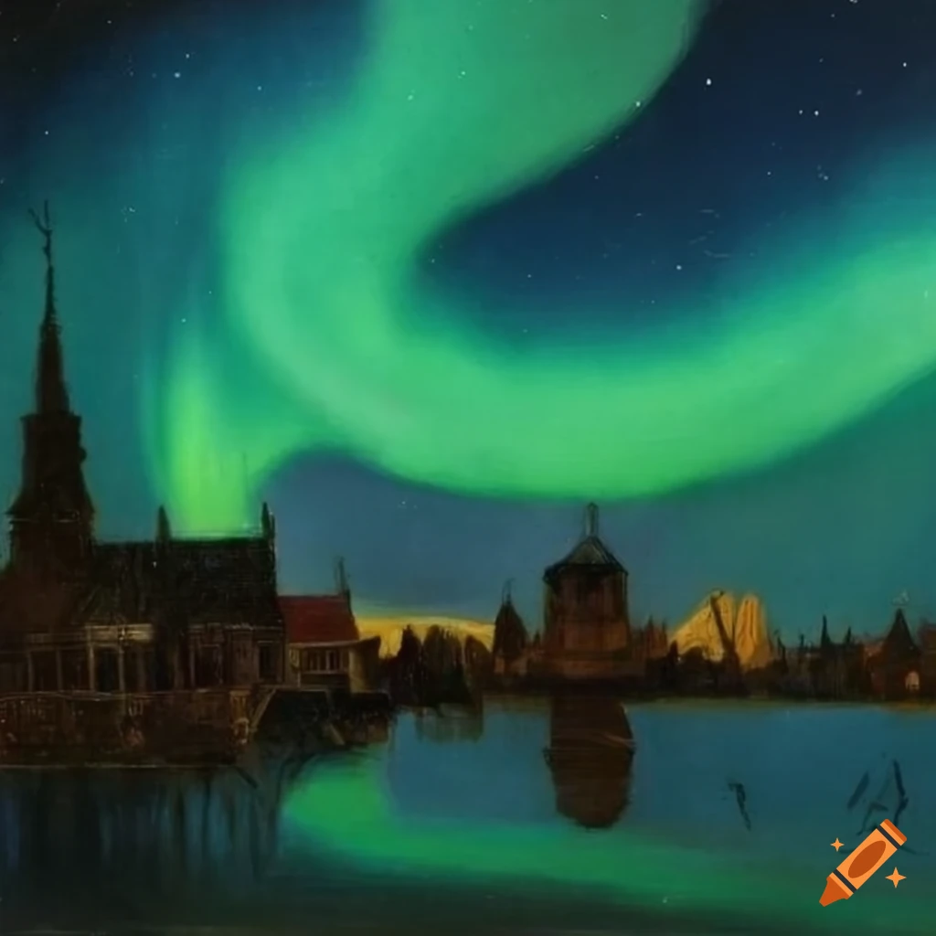 painting of Northern Lights over Holland