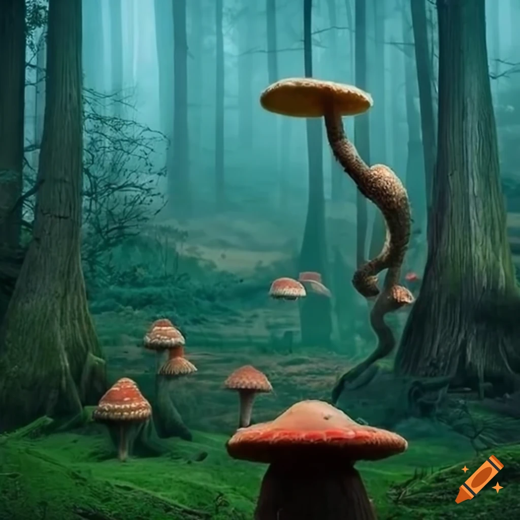 fantastical forest with towering mushrooms and eerie creatures