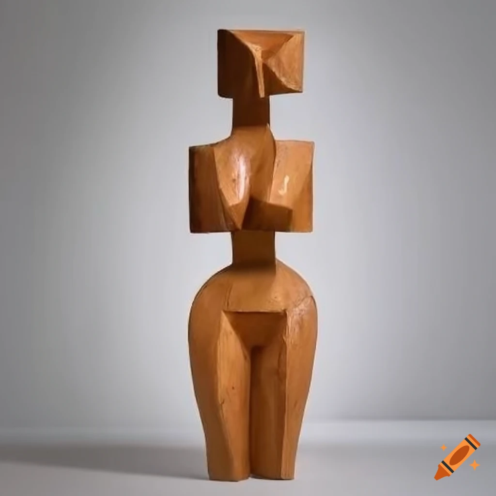 wooden cubist sculpture of a female figure